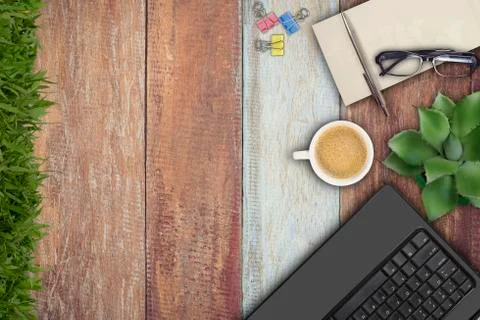 Top view of working place elements Foto stock