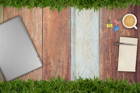 Top view of working place elements Stock Photos