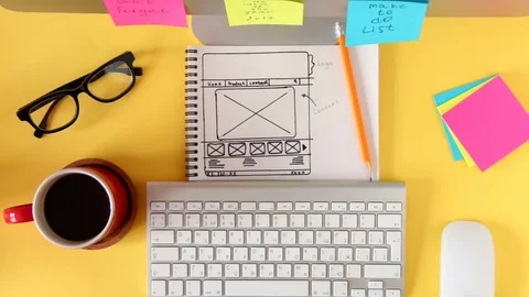 Top view of working place in the yellow table. Stockbeeldmateriaal 72428224