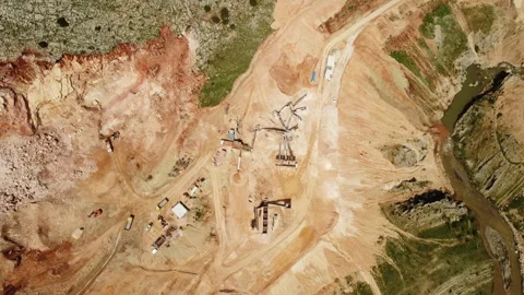 Top view of a working sand quarry and construction equipment Stock Footage 258250512