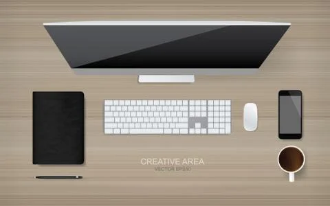 Top view of working space area and office object set. Illustrazione stock