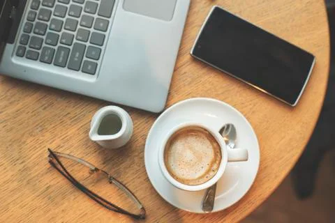 Top view of working table Stock Photos