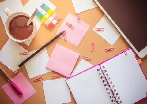 Top view on working table Stock Photos