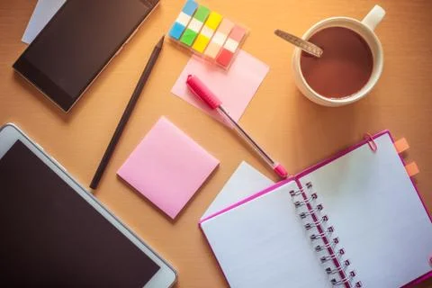 Top view on working table Stock Photos
