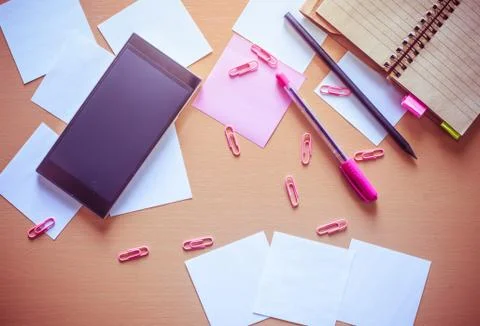 Top view on working table Stock Photos