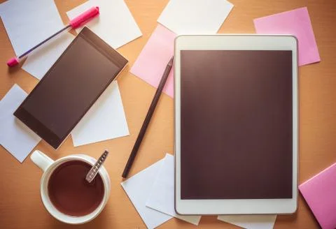 Top view on working table Stock Photos