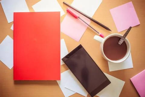 Top view on working table Stock Photos