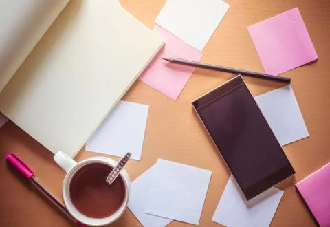 Top view on working table Stock Photos