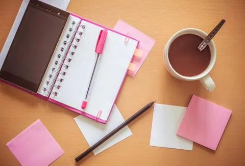Top view on working table Stock Photos