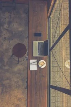 Top view of a working table Stock Photos