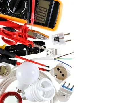 Top view of working tools and components of the electrical system on white ba Foto stock