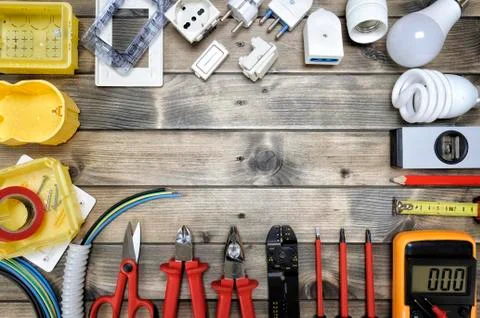 Top view of working tools and components of the residential electrical system Stock Photos