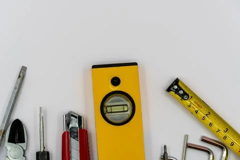 Top view of Working tools of a handy man on white background.flat lay design. Foto stock