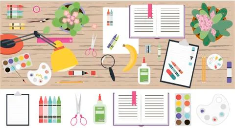 Top view of a working wooden table with stationery. Flat vector illustration of Stock Illustration