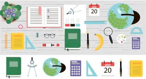 Top view of a working wooden table with stationery. Flat vector illustration of 스톡 일러스트