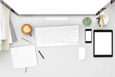 Top view of workpark with blank white computer screen, coffee cup, and book in Stock Illustration
