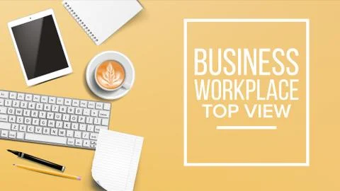 Top View Workplace Background Vector. Development Desk Organization. Computer Illustrazione stock