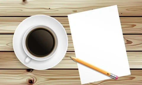 Top view of workplace with coffee cup pencil and blank paper on wooden desk Иллюстрация