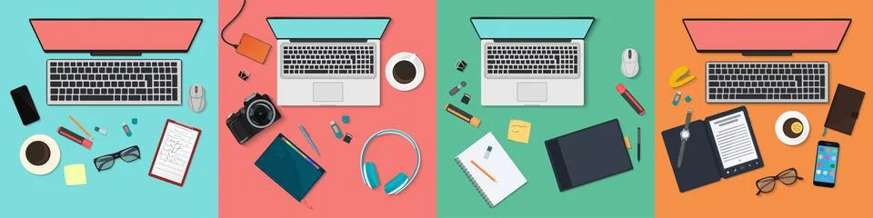 Top view of workplace with computer and digital wireless devices set on office Stock Illustration