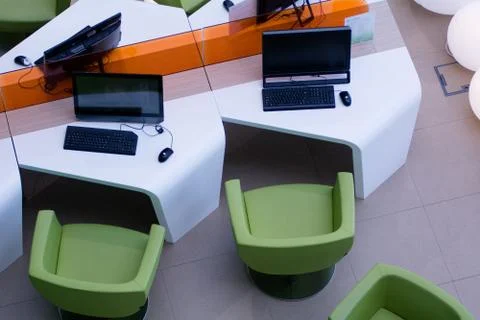 Top view of the workplace with computers Stock Photos