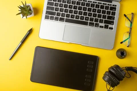 Top view of the workplace designer. Creative designer, graphics tablet, lapto Stock-Fotos