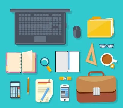 Top view of workplace with laptop and devices Stock Illustration