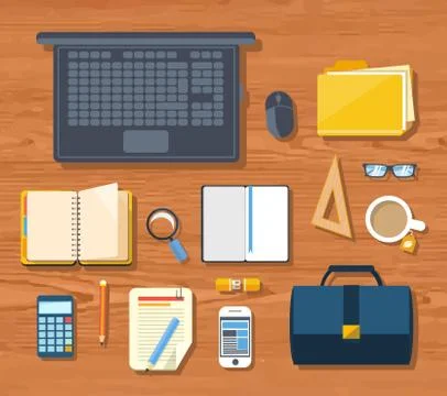 Top view of workplace with laptop and devices Stock Illustration