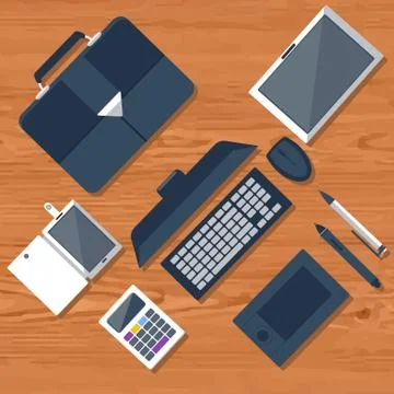 Top view of workplace with laptop and devices Stock Illustration