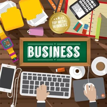 Top View Workplace With Office Supply Objects Vector Illustration Illustrazione stock