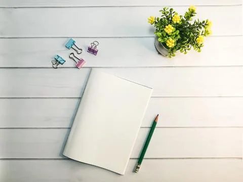 Top view of a workplace for writing and blogging Stock Photos