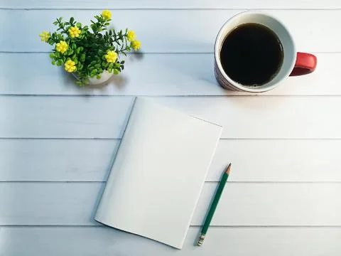Top view of a workplace for writing and blogging Stock Photos