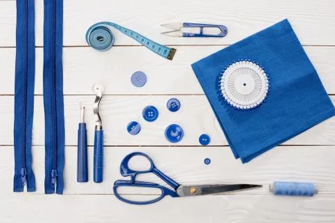Top view of workshop with needlework details and tools mock-up Stock Photos