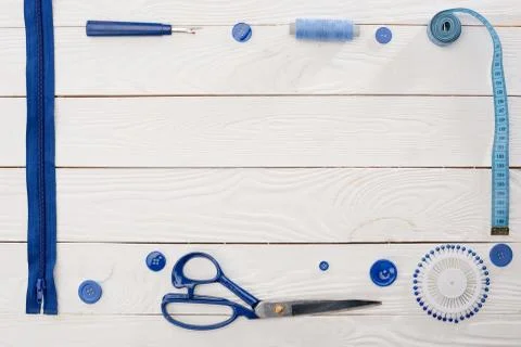 Top view of workshop with needlework details and tools mock-up Stock Photos