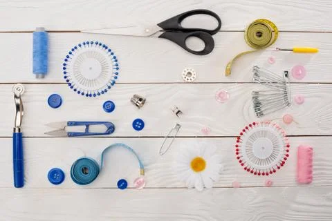 Top view of workshop with needlework details and tools mock-up Stock Photos