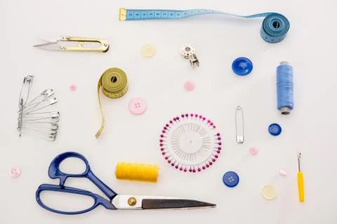 Top view of workshop with needlework details and tools mock-up Stock Photos