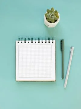 Top view of workspace and opened notebook with mock up blank pages Stock Photos