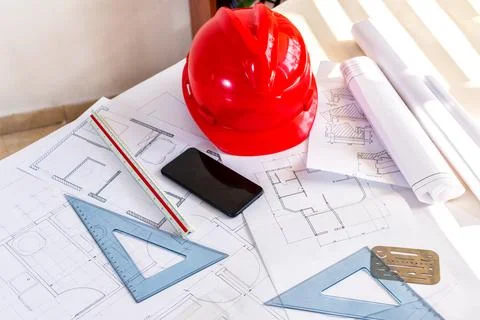 Top view workspace of architectural project with engineering tools, office .. Foto stock