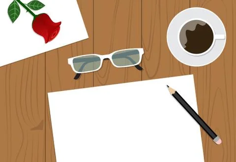 Top view of workspace desk with copy space and cup on background - Vector ill Stock Illustration