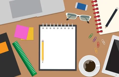 Top view of workspace vector set with stationery office on desk background  Stock Illustration