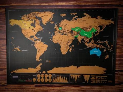 Top view world map on a blue wooden Stock Photos