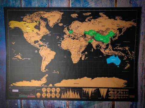 Top view world map on a blue wooden Stock Photos