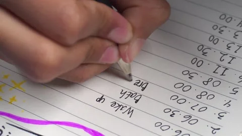 Top view of write a daily activity schedule in a book Stock Footage 276807782