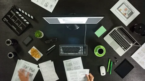 Top view of writer's workplace - big pc monitor and working timelapse Stock Footage 77666362