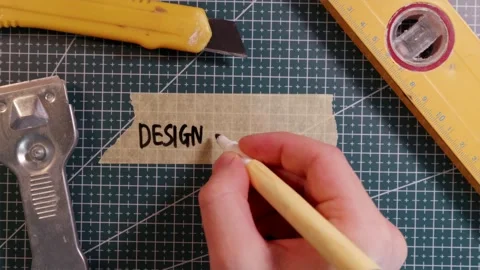 Top view of writing DESIGN PHASE on tape with spirit level. Stock Footage 337816319