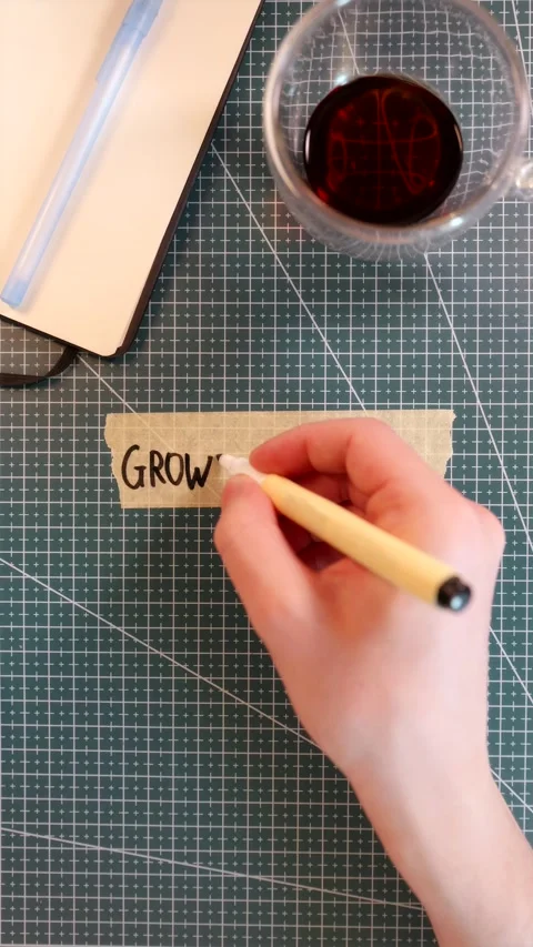 Top view of writing GROWTH MINDSET on tape near notebook and coffee cup Stock Footage 338183660
