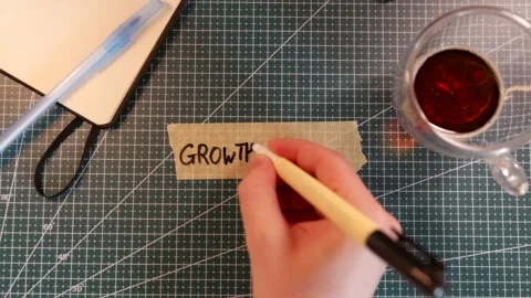 Top view of writing GROWTH MINDSET on tape near notebook and coffee cup Stock Footage 338183918