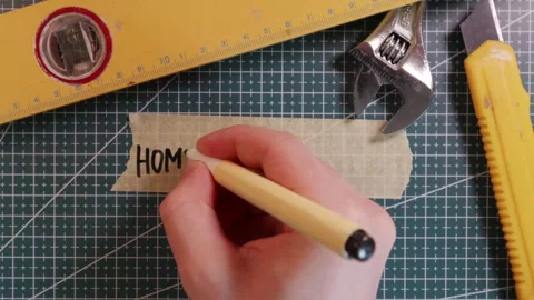 Top view of writing HOME IMPROVEMENT on masking tape on green mat. Stock Footage 337816322