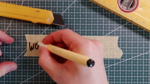 Top view of writing WORK IN PROGRESS on tape on empty green mat. Stock Footage 337816346