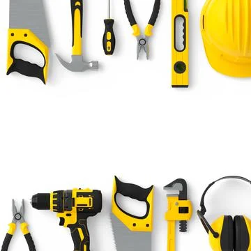 Top view of yellow construction tools for repair and installation on white Stock Photos