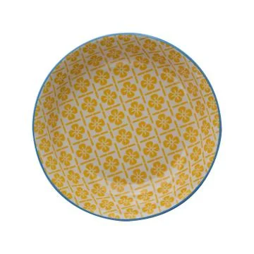 Top view of yellow empty plate on isolated, white background, with pattern Foto stock